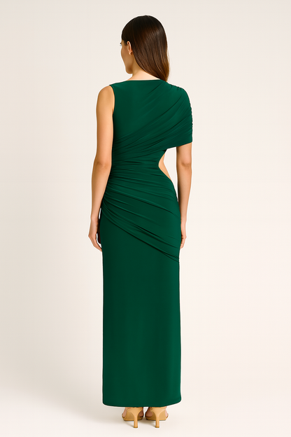 Back view of draped slim fit jersey asymmetric maxi dress showcasing flow and fit