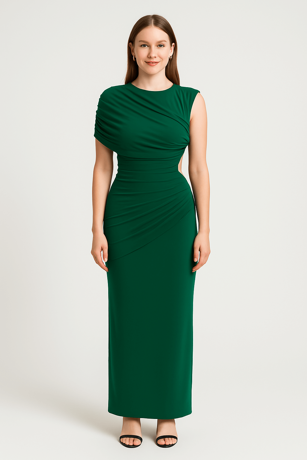 Front view of draped slim fit jersey asymmetric maxi dress, stylish and comfortable