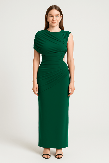 Front view of draped slim fit jersey asymmetric maxi dress, stylish and comfortable
