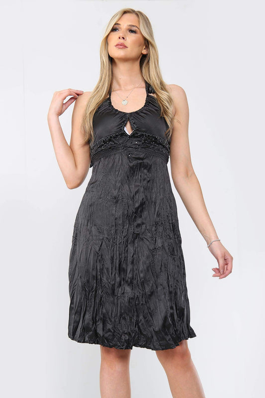 Embellished Crinkle Satin Halter Neck Midi Dress - Midi Dress - Avinci