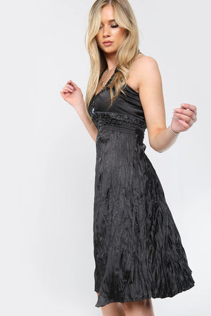Embellished Crinkle Satin Halter Neck Midi Dress - Midi Dress - Avinci