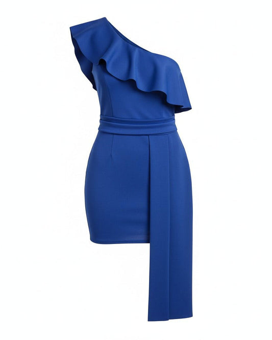 Royal Blue Figure-Hugging One Shoulder Ruffle Trim Fit Dress