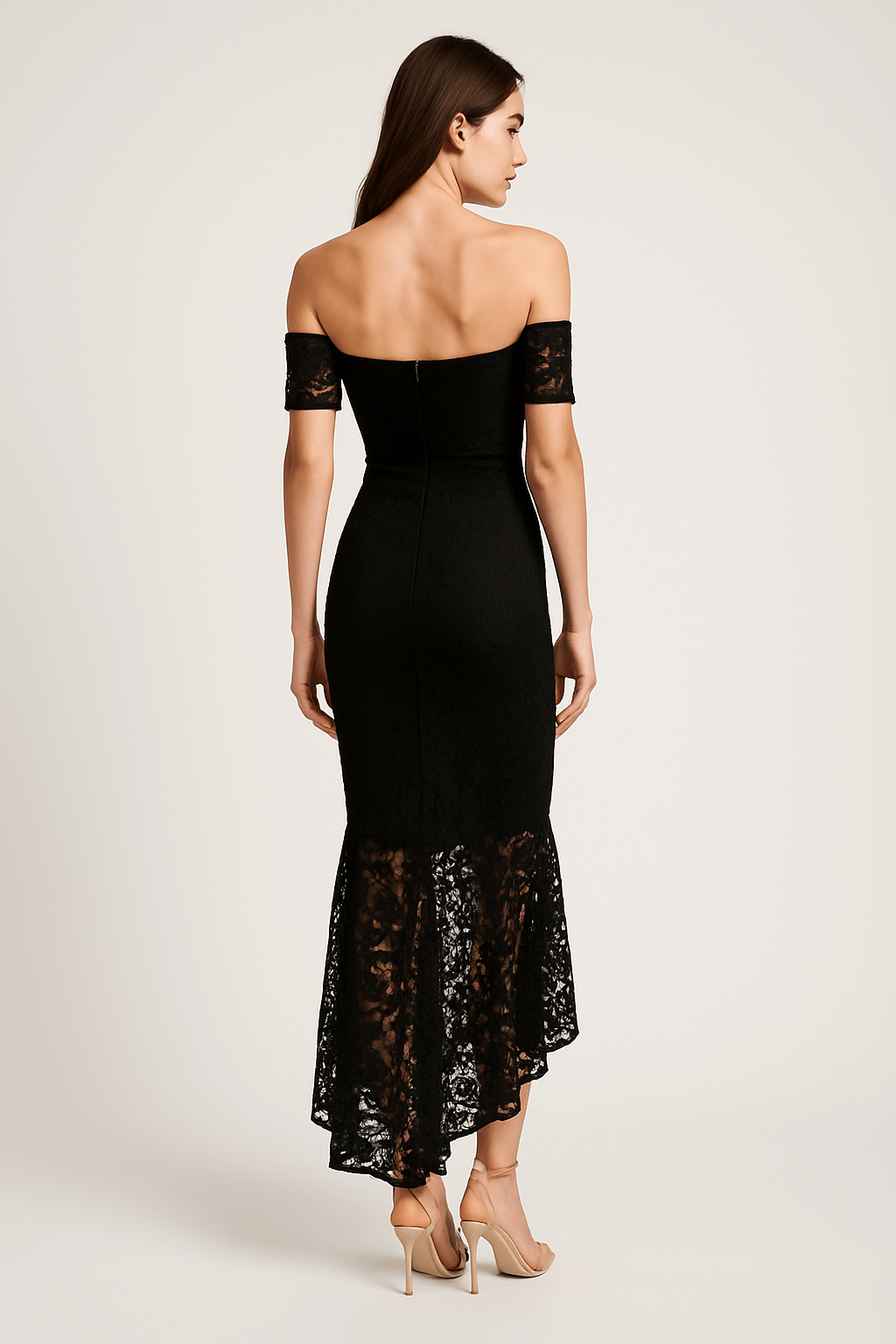 Fishtail style hem off shoulder slim fit lace midi dress, elegant feminine cocktail dress with lace details back view