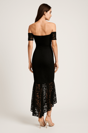 Fishtail style hem off shoulder slim fit lace midi dress, elegant feminine cocktail dress with lace details back view