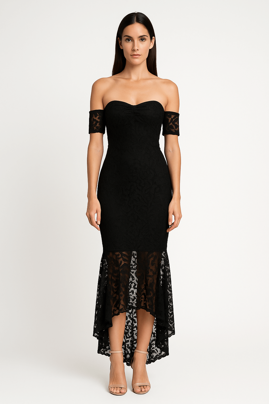Fishtail front look style hem off shoulder slim fit lace midi dress, elegant feminine cocktail dress with lace details 