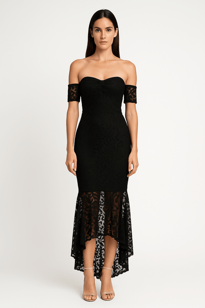 Fishtail front look style hem off shoulder slim fit lace midi dress, elegant feminine cocktail dress with lace details 