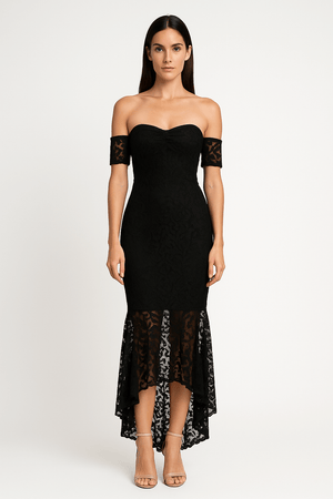 Fishtail front look style hem off shoulder slim fit lace midi dress, elegant feminine cocktail dress with lace details 
