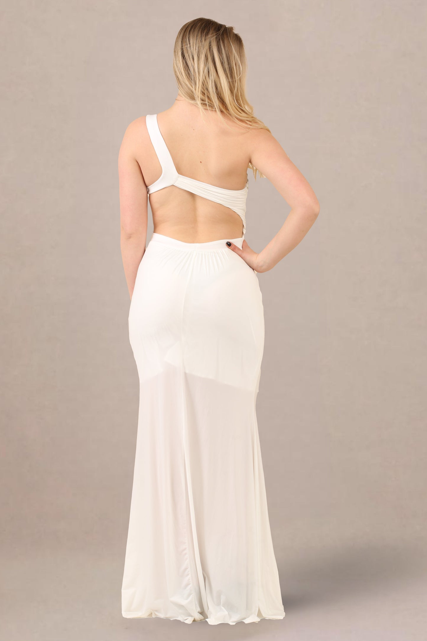 Back view of fitted formal dress one shoulder embellished maxi gown

