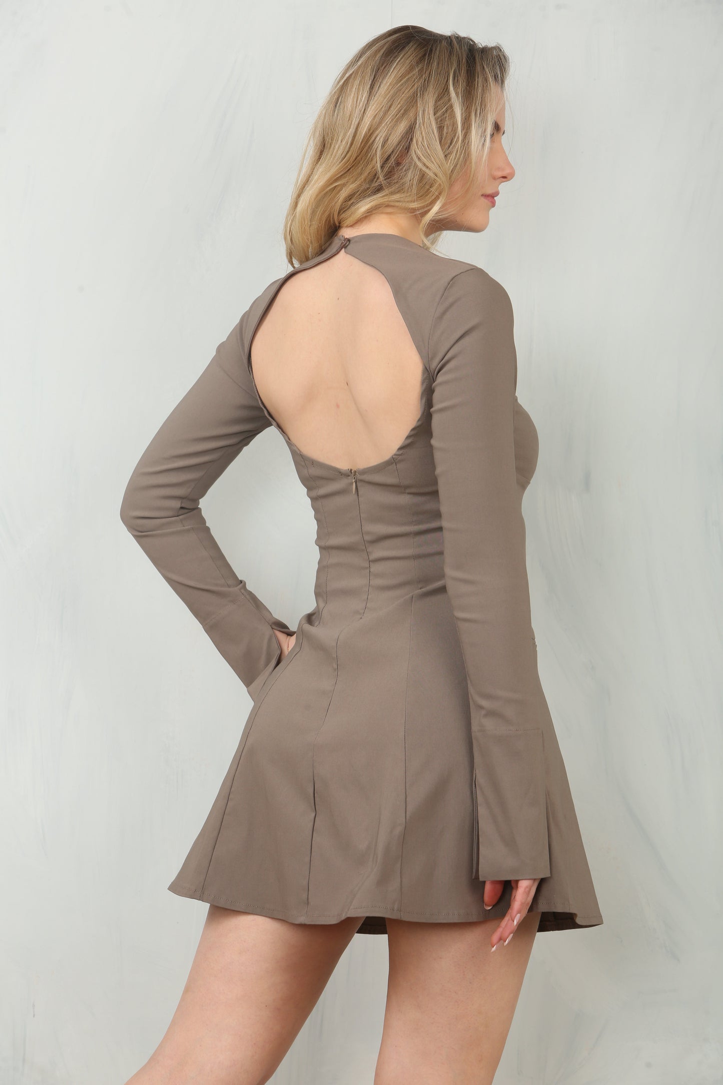 back view  of fitted long sleeve A-line style mini dress