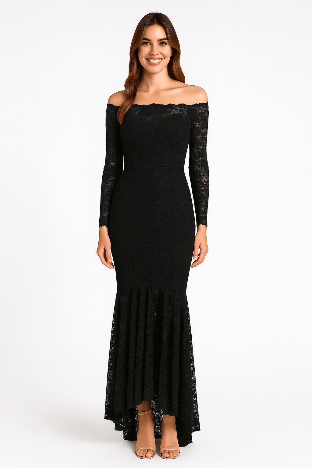 Front view of black floral lace bodycon off-shoulder maxi dress