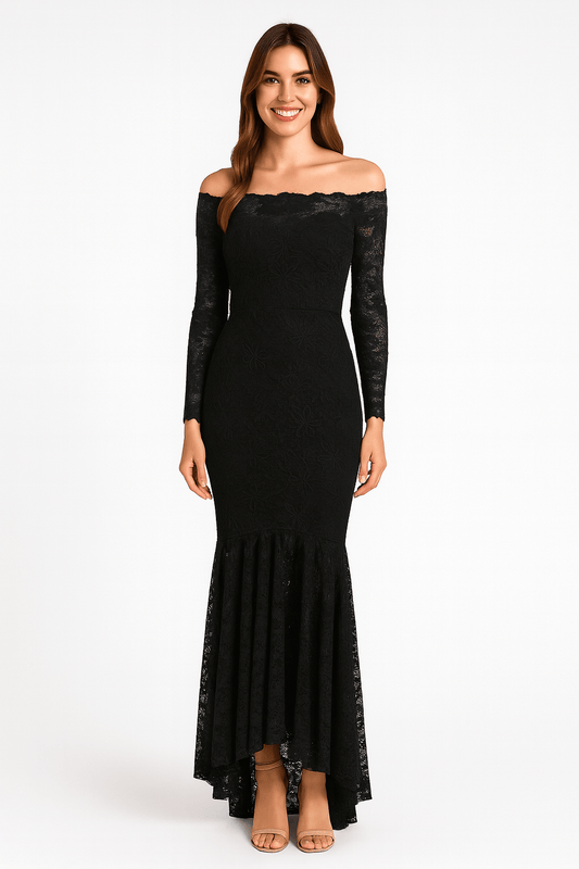Front view of black floral lace bodycon off-shoulder maxi dress