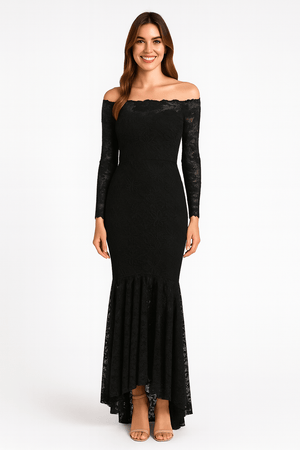 Front view of black floral lace bodycon off-shoulder maxi dress