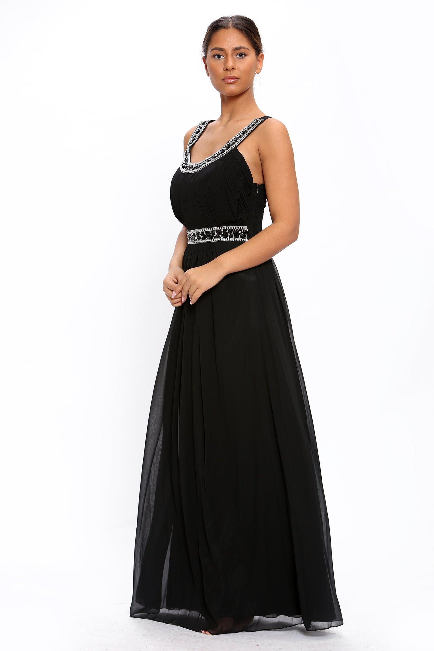 Black Chiffon Crystals Scoop Neck Maxi Dress - Maxi Dress - Avinci