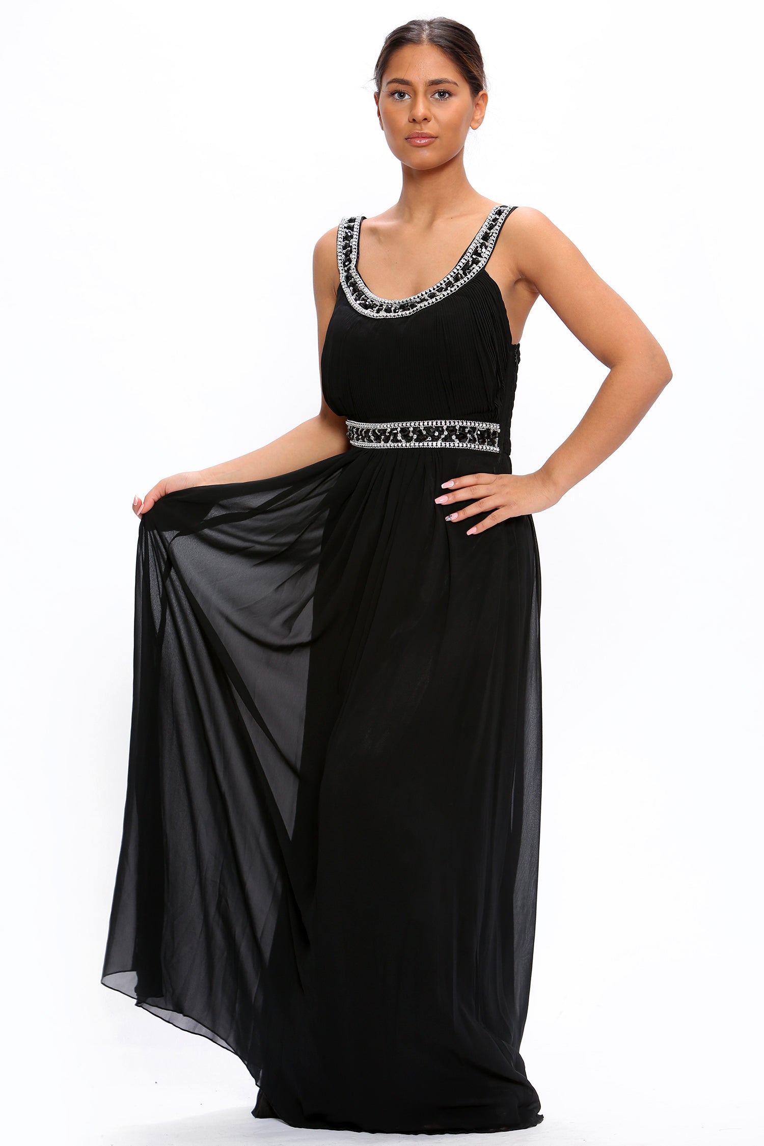 Black Chiffon Crystals Scoop Neck Maxi Dress - Maxi Dress - Avinci
