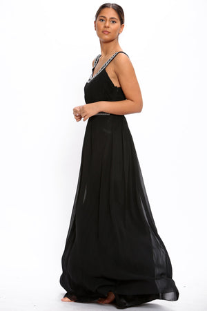 Black Chiffon Crystals Scoop Neck Maxi Dress - Maxi Dress - Avinci