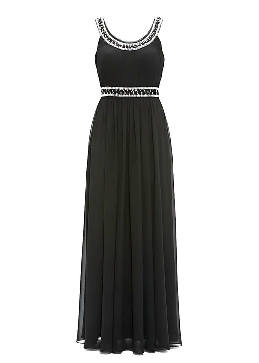 Formal Black Chiffon Crystal Embellished Scoop Neck Maxi Dress