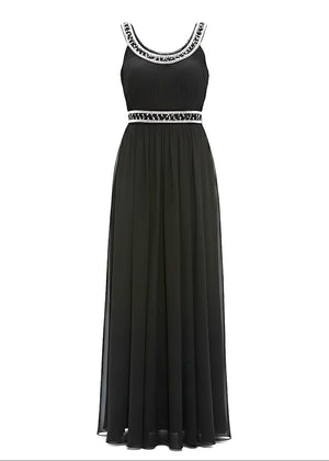 Formal Black Chiffon Crystal Embellished Scoop Neck Maxi Dress