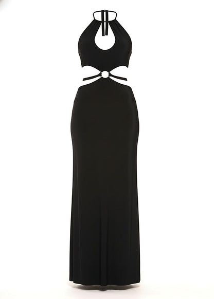 Front Keyhole Black Halter Maxi Dress With Cut-Out Waist