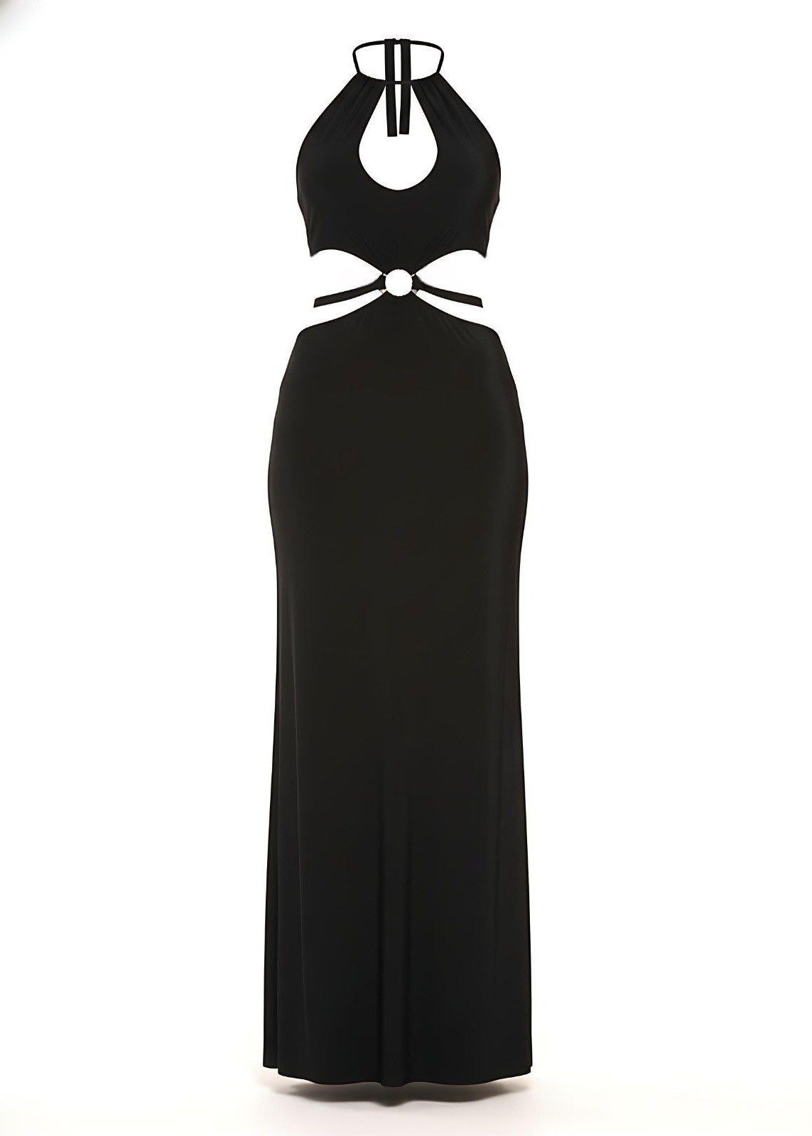 Front Keyhole Black Halter Maxi Dress With Cut-Out Waist