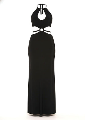 Front Keyhole Black Halter Maxi Dress With Cut-Out Waist
