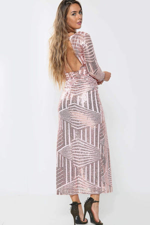 Embellished Sequin Long Sleeve Split Midi Dress - Midi Dress - Avinci