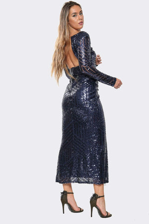 Embellished Sequin Long Sleeve Split Midi Dress - Midi Dress - Avinci
