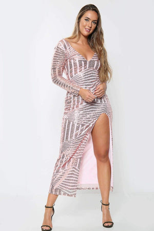 Embellished Sequin Long Sleeve Split Midi Dress - Midi Dress - Avinci