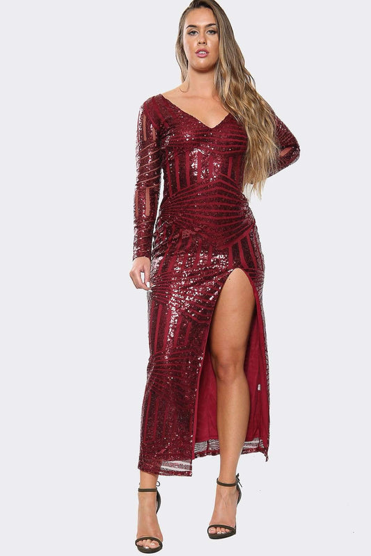Embellished Sequin Long Sleeve Split Midi Dress - Midi Dress - Avinci