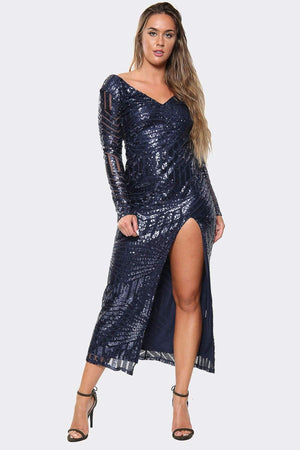 Embellished Sequin Long Sleeve Split Midi Dress - Midi Dress - Avinci