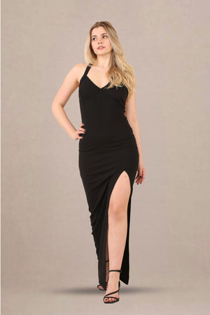 Maxi Dress in Slinky Fabric with High Neck and Side Cut-Outs - Maxi Dress - Avinci