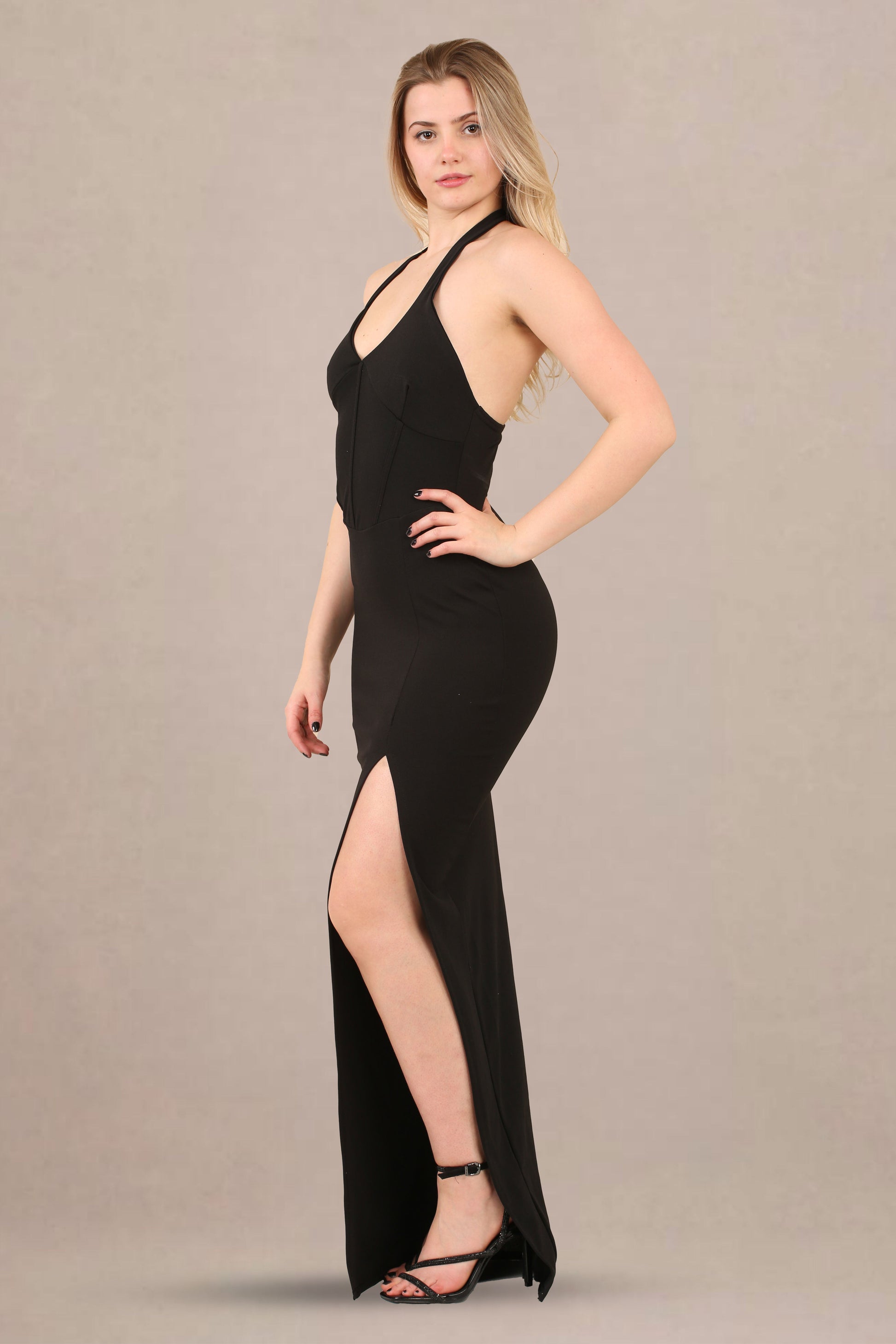 Maxi Dress in Slinky Fabric with High Neck and Side Cut-Outs - Maxi Dress - Avinci