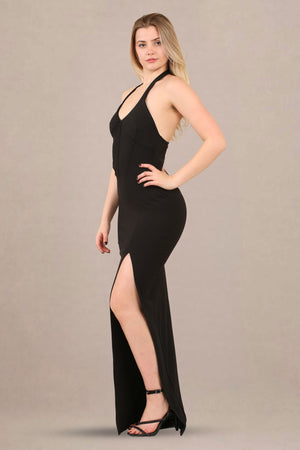 Maxi Dress in Slinky Fabric with High Neck and Side Cut-Outs - Maxi Dress - Avinci
