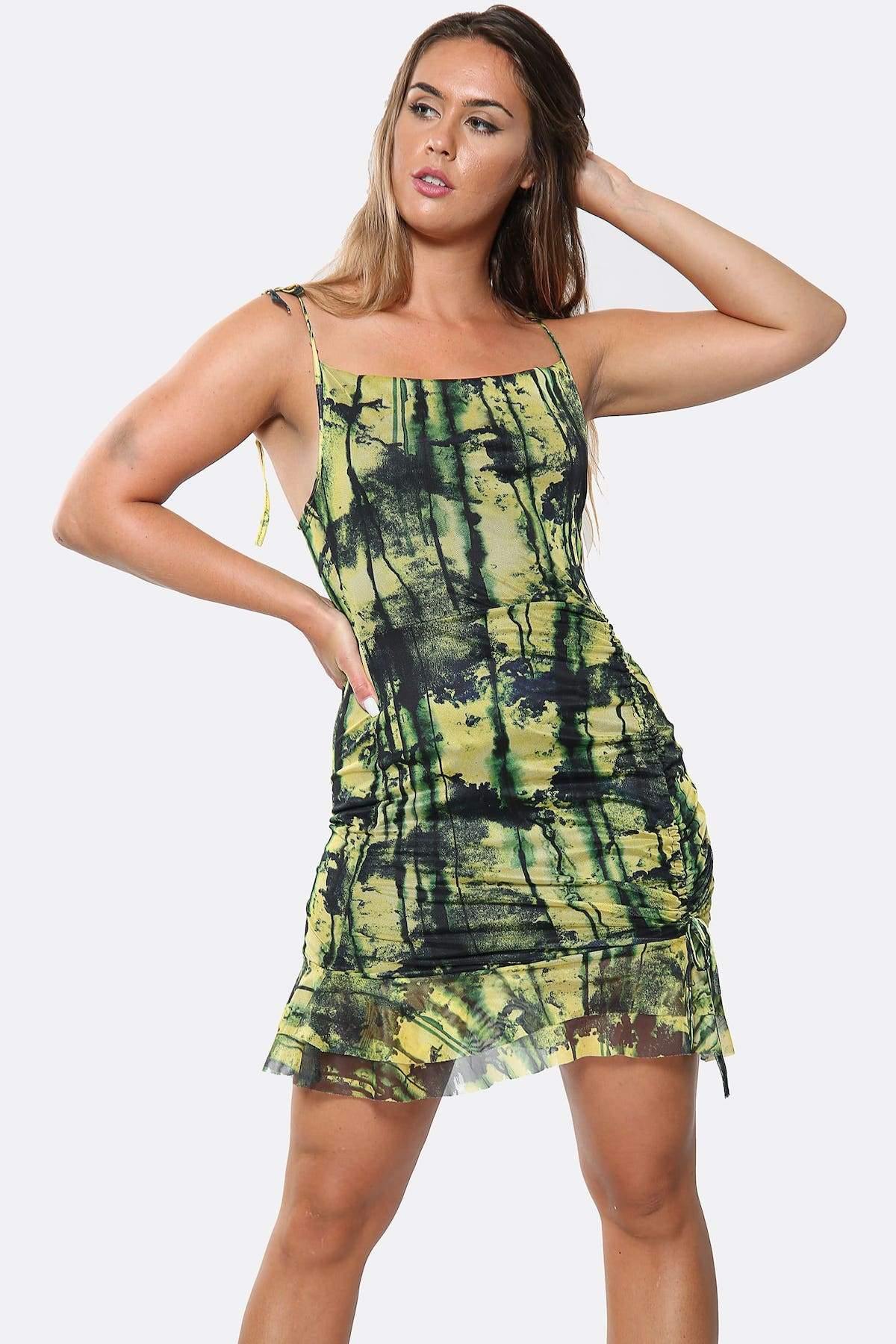 Lime Color Dye Print Mesh Ruched Side Bodycon Dress - Bodycon Dress - Avinci