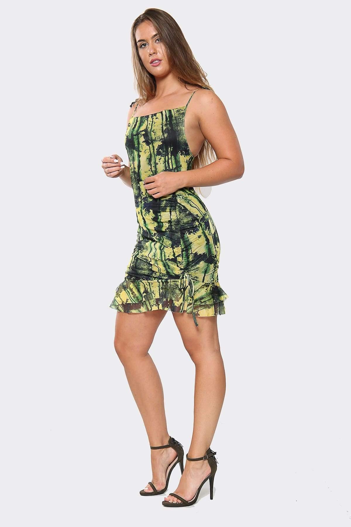 Lime Color Dye Print Mesh Ruched Side Bodycon Dress - Bodycon Dress - Avinci