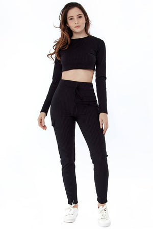 Sleeve Crop Top and Ribbed Pocket Detail Loungewear Set - Loungewear - Avinci