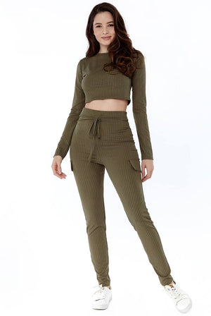 Sleeve Crop Top and Ribbed Pocket Detail Loungewear Set - Loungewear - Avinci