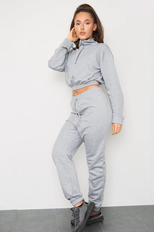 Long Sleeve Zipper Crop Top and Matching Oversized Joggers - Co-ords - Avinci
