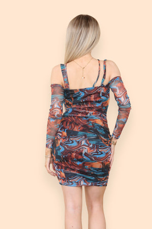 Back view of marble effect mini dress with figure-hugging print