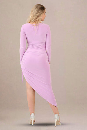One-shoulder asymmetrical ruched midi bodycon dress back view lilac color