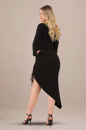 One-shoulder asymmetrical ruched midi bodycon dress back view