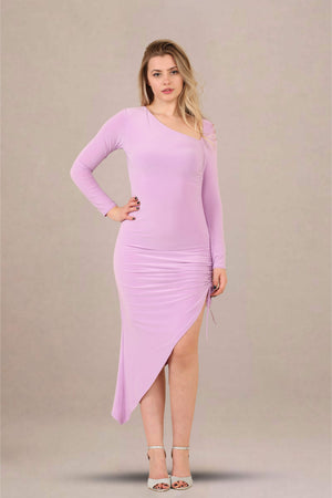 One-shoulder asymmetrical ruched midi bodycon dress front view lilac color