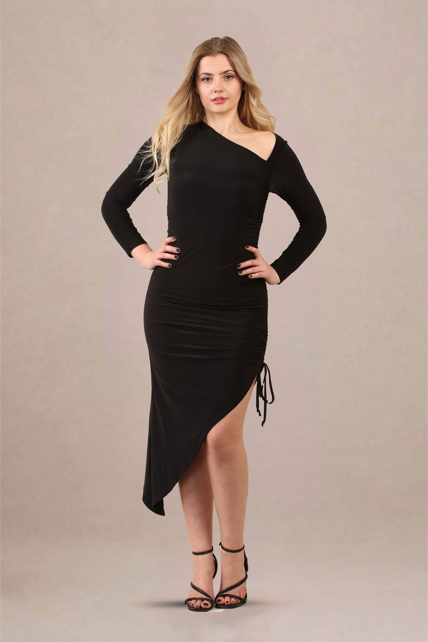 One-shoulder asymmetrical ruched midi bodycon dress front view