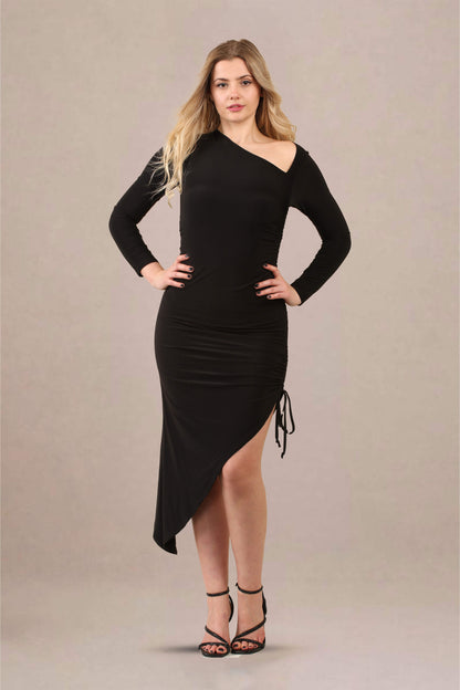 One-shoulder asymmetrical ruched midi bodycon dress front view