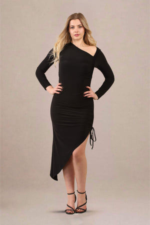 One-shoulder asymmetrical ruched midi bodycon dress front view