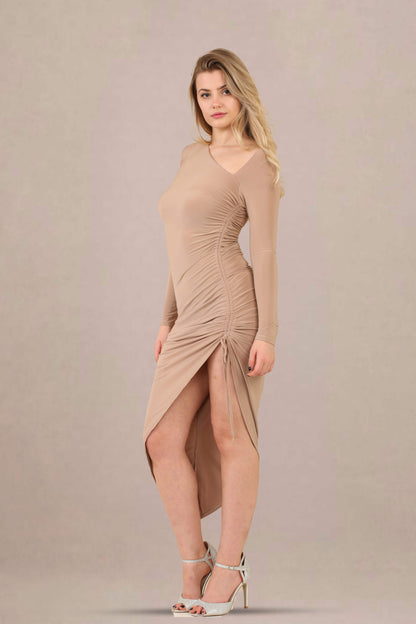 One-shoulder asymmetrical ruched midi bodycon dress side view beige color