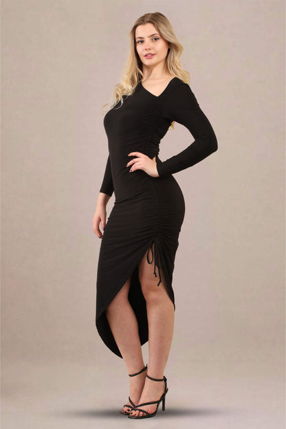 One-shoulder asymmetrical ruched midi bodycon dress side left view
