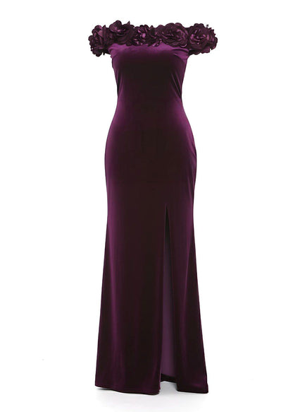 Purple Velvet Off Shoulder Maxi Dress with Ruffle Detail