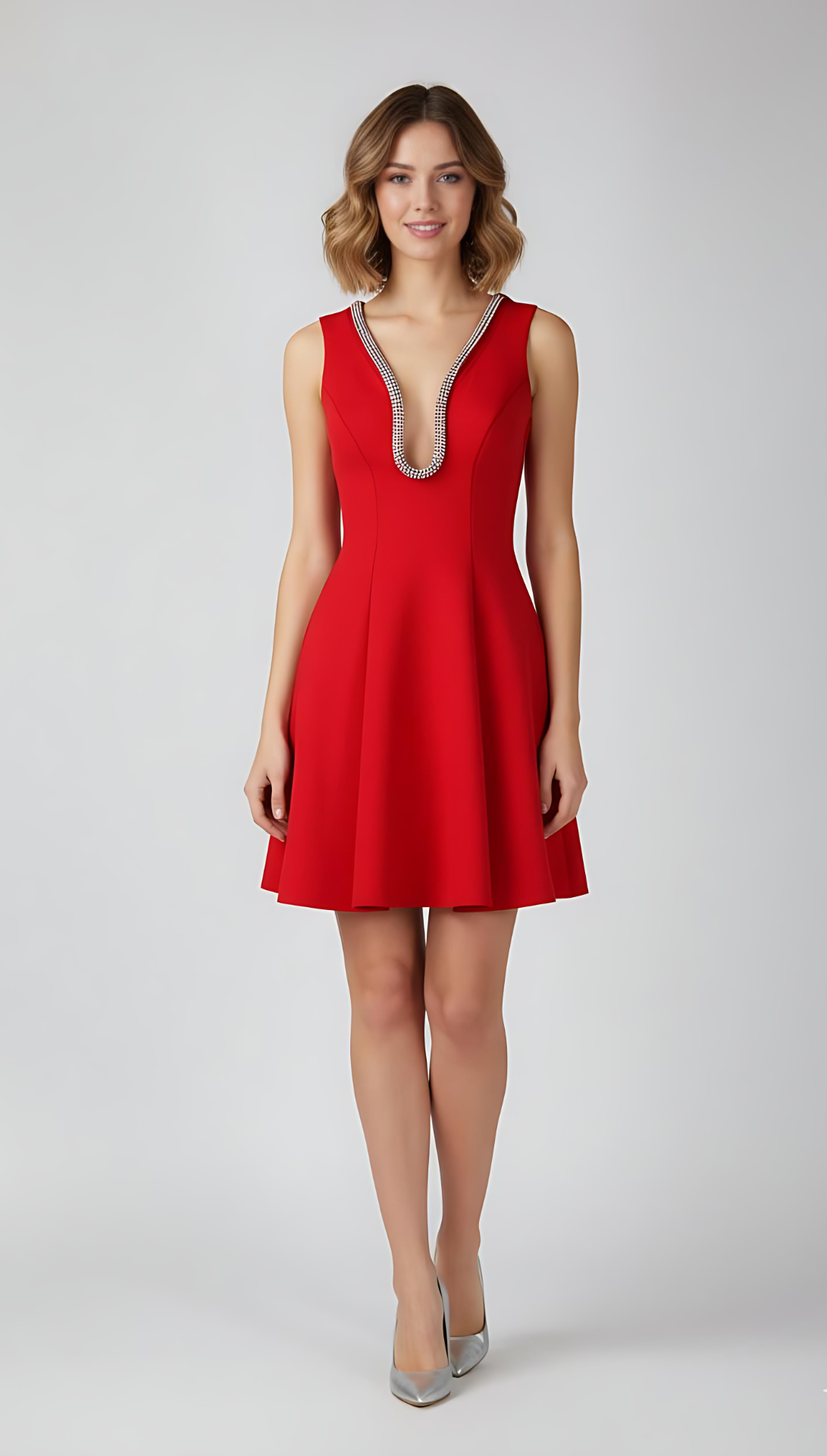 Red Embellished Deep V Flare Dress – Luxe Mini Edition
