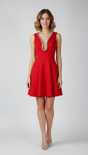 Red Embellished Deep V Flare Dress – Luxe Mini Edition