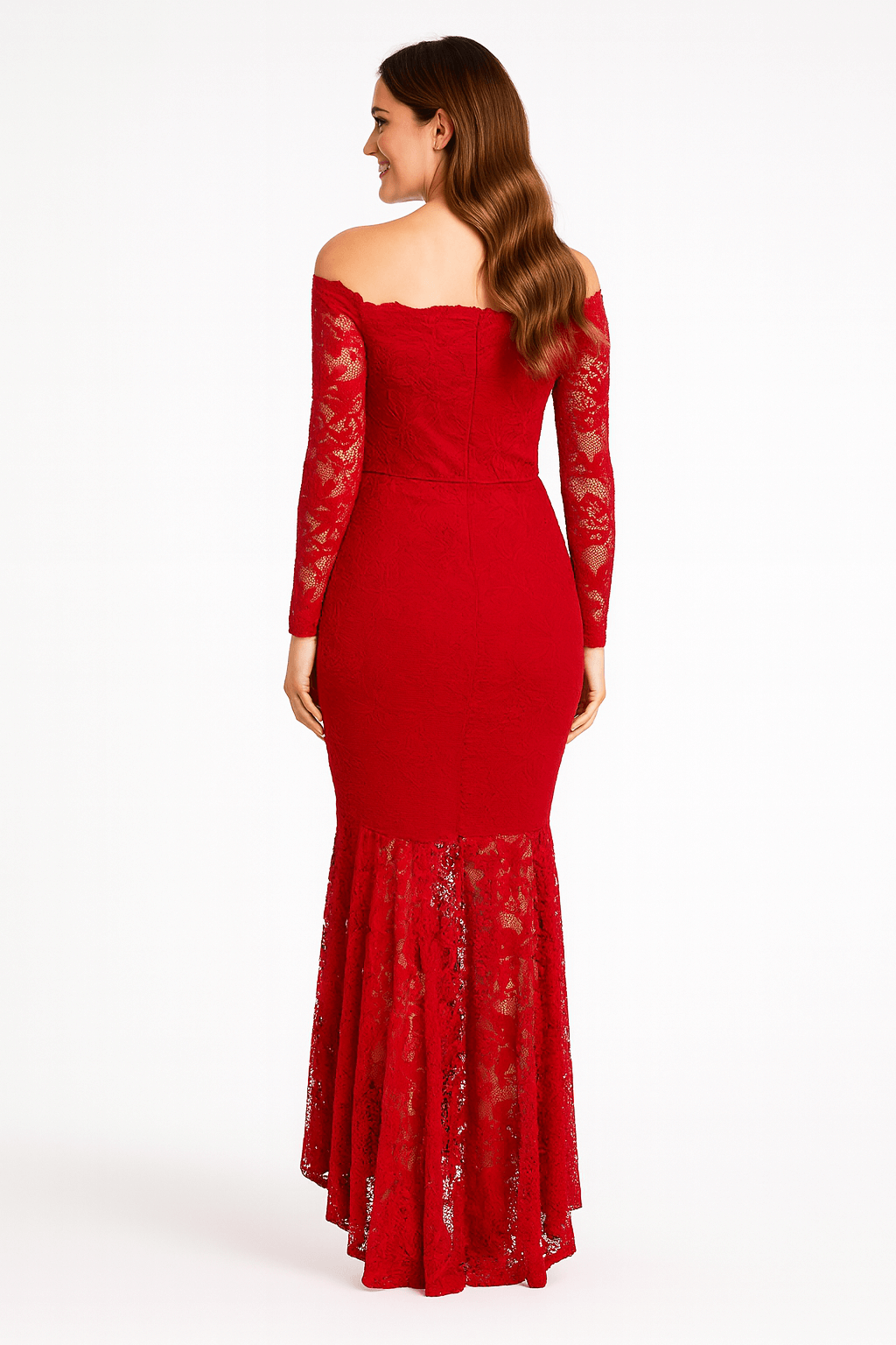 Back view of red floral lace bodycon off-shoulder maxi dress